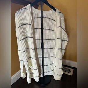 Open-Front Cream Knit Cardigan with Thin Gray Stripes